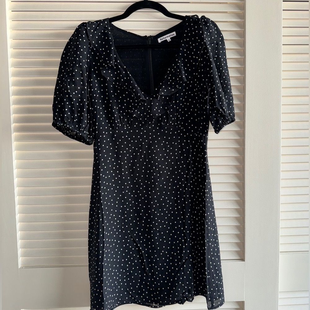 Reformation, new without tags black mini dress w white polka dots